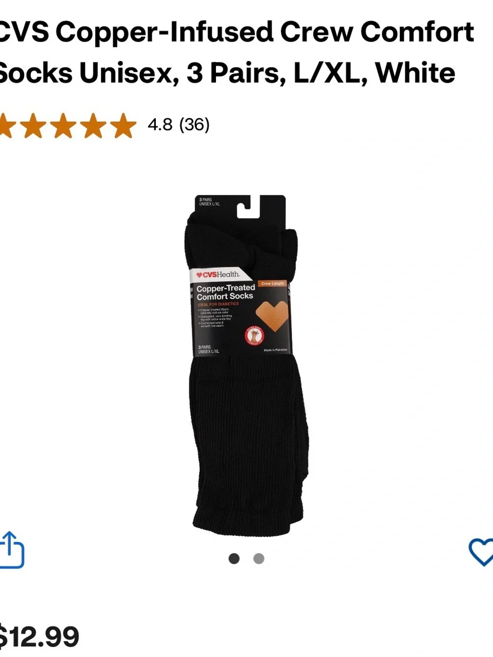 CVS Health Copper-Treated Comfort Socks - Black, Crew Length (3 Pairs)